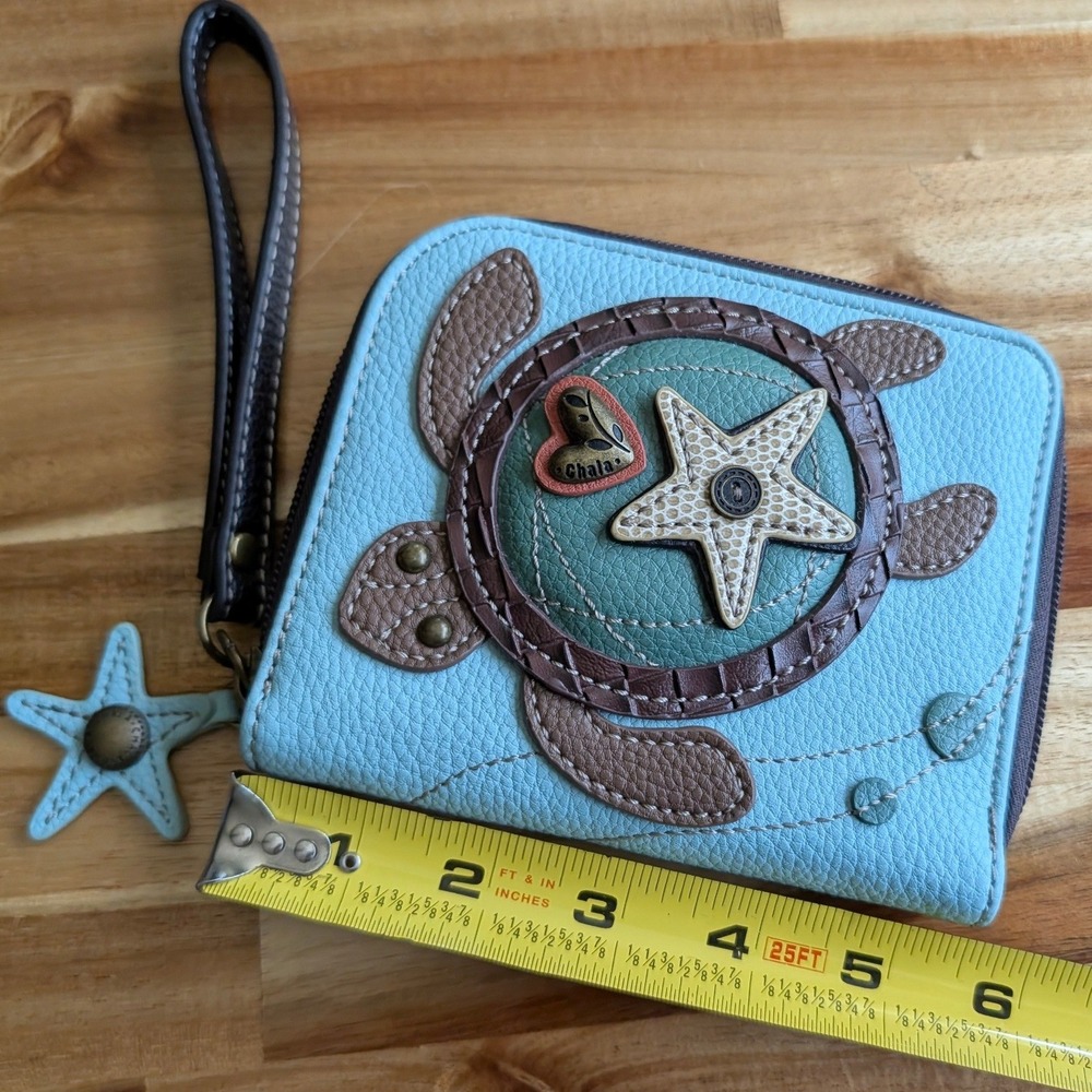 Chala Turtle Zip Around Wallet Wristlet Light Blue Faux Leather Star Charm - Picture 8 of 9